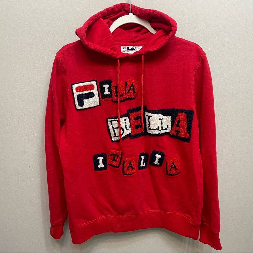 NWOT FILA Italia Men's Red Patch Design Spellout Hoodie Sweater